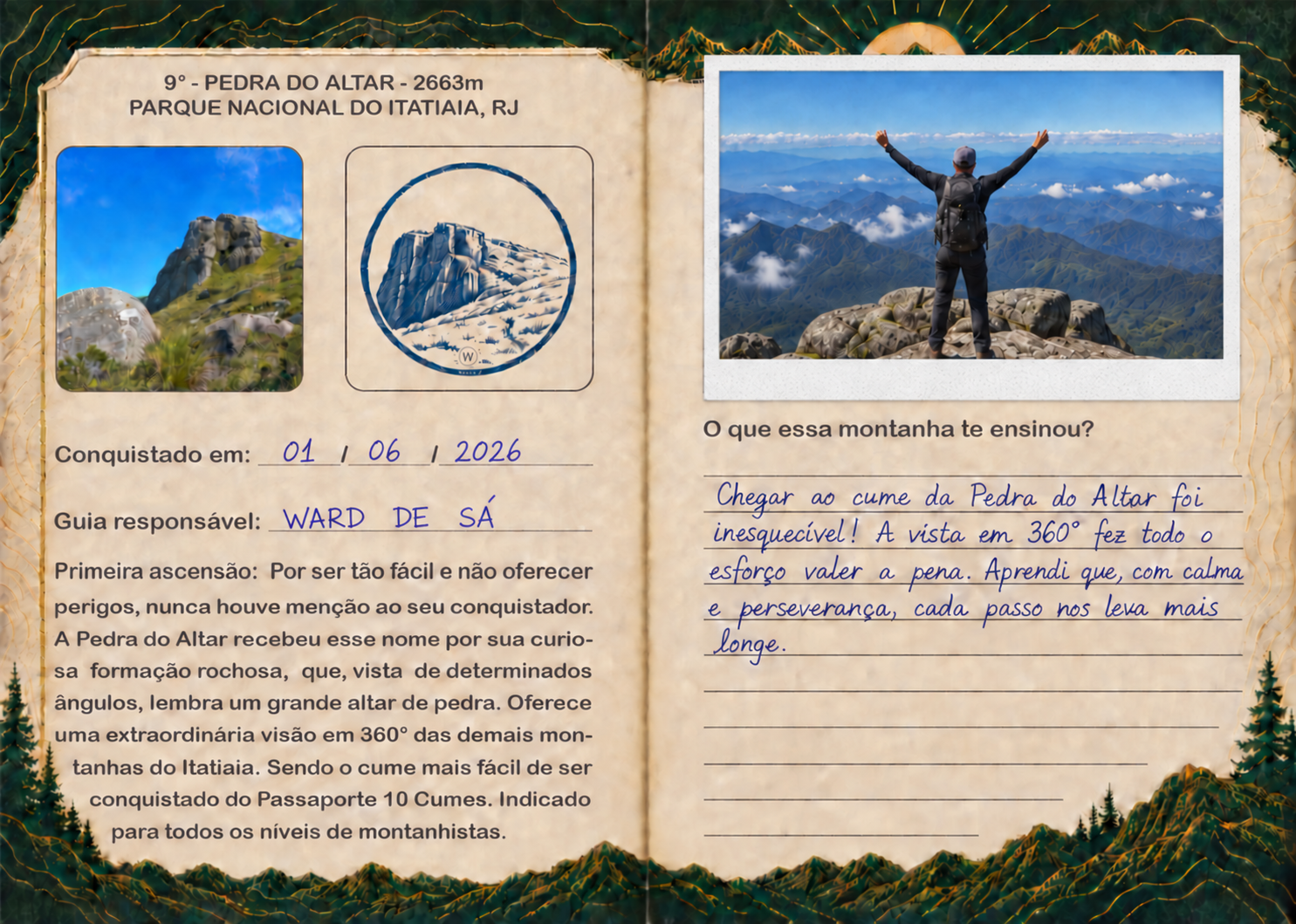 Passaporte 10 Cumes aberto na página da Pedra do Altar