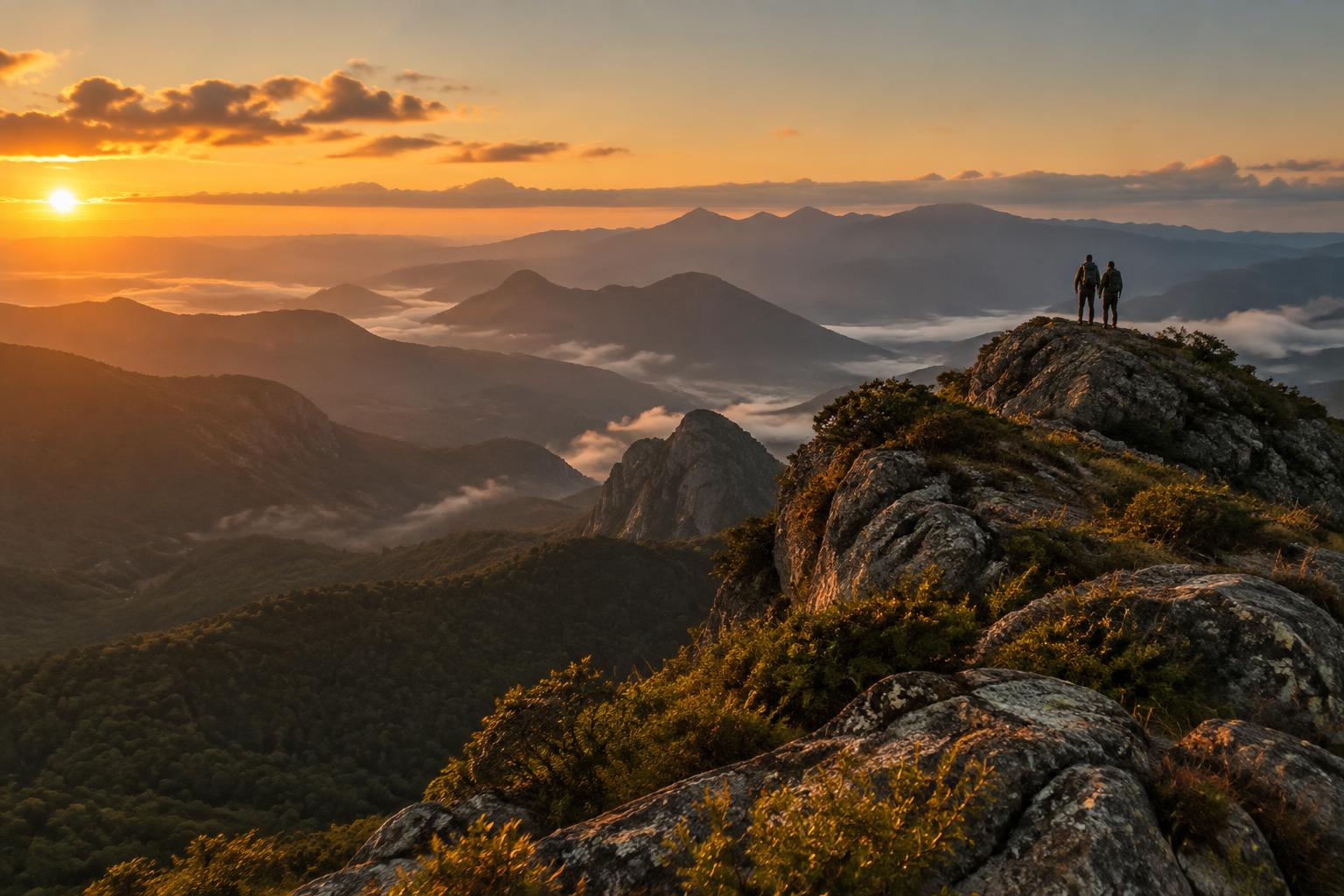 Dois montanhistas juntos no cume ao pôr do sol